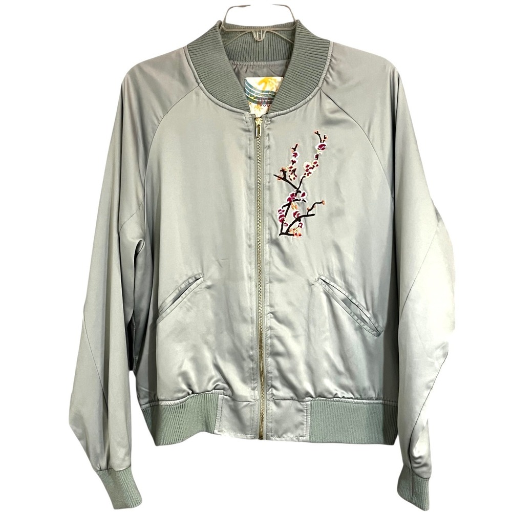 Cali 1850 Satin Bomber Jacket Embroidered Cherry Blossom Bird Womens XL